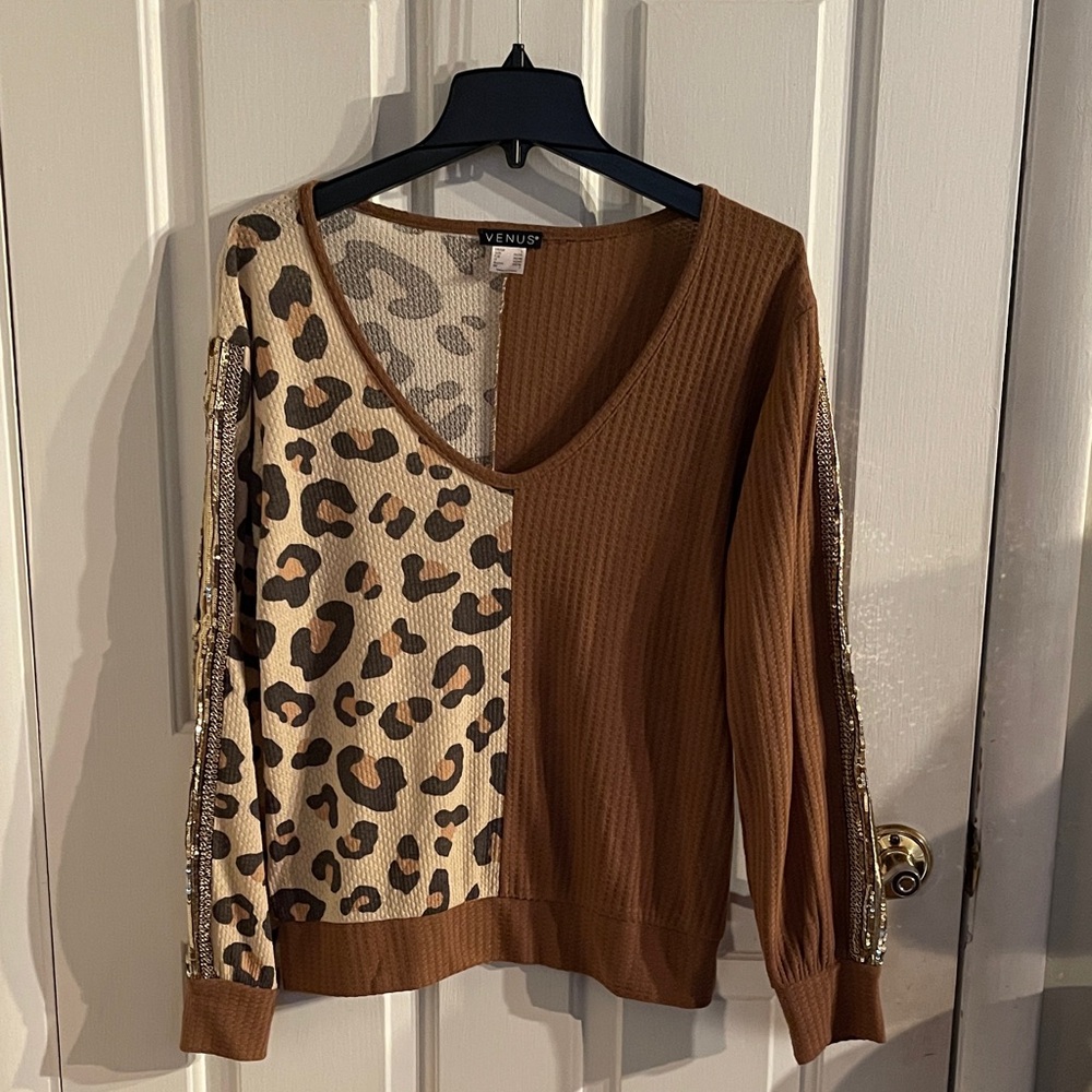VENUS Brown and Leopard Print Top with Sequin Accents